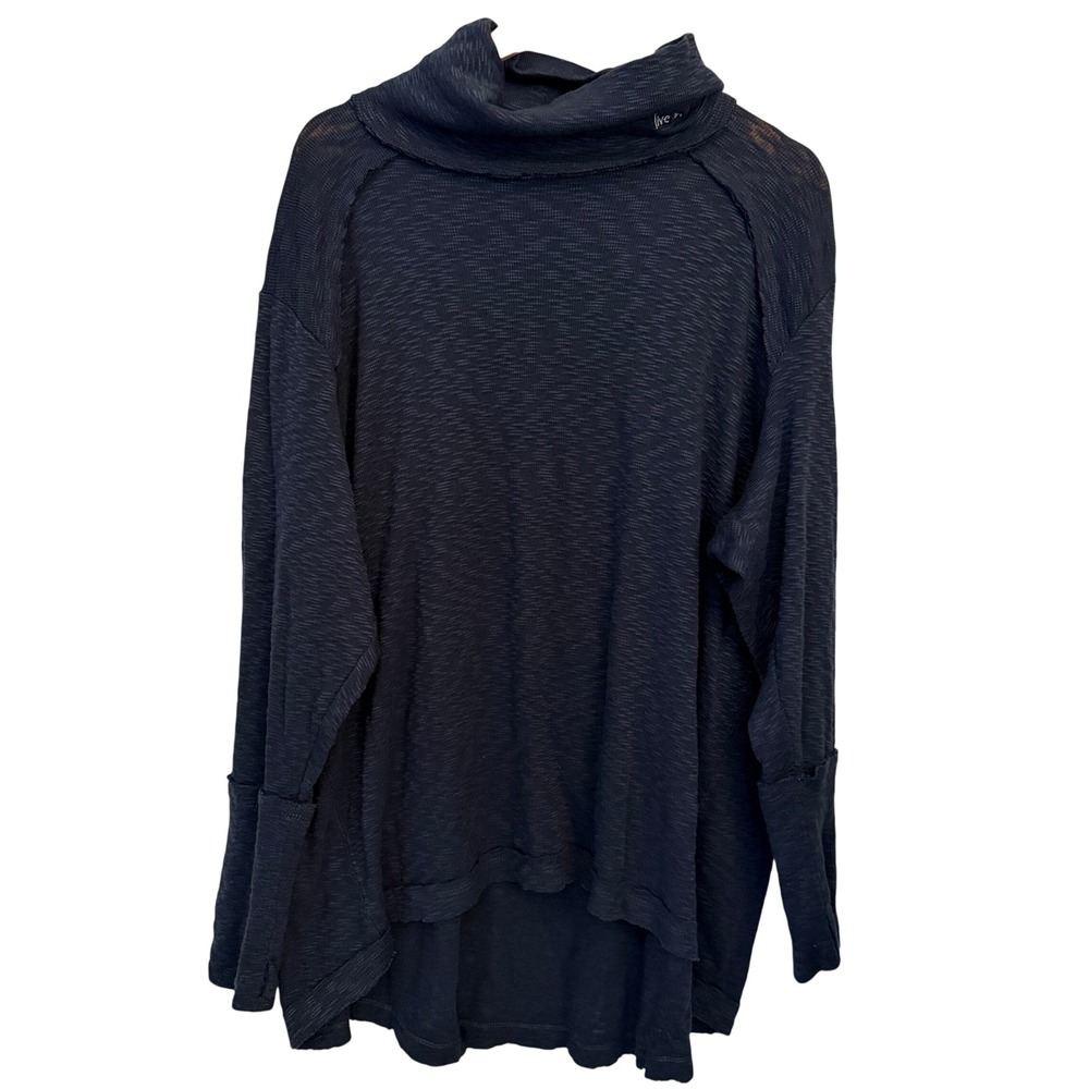 Peace Love World Top Womens 3X Navy Blue Slub‎ Knit Funnel Neck Thumbhole